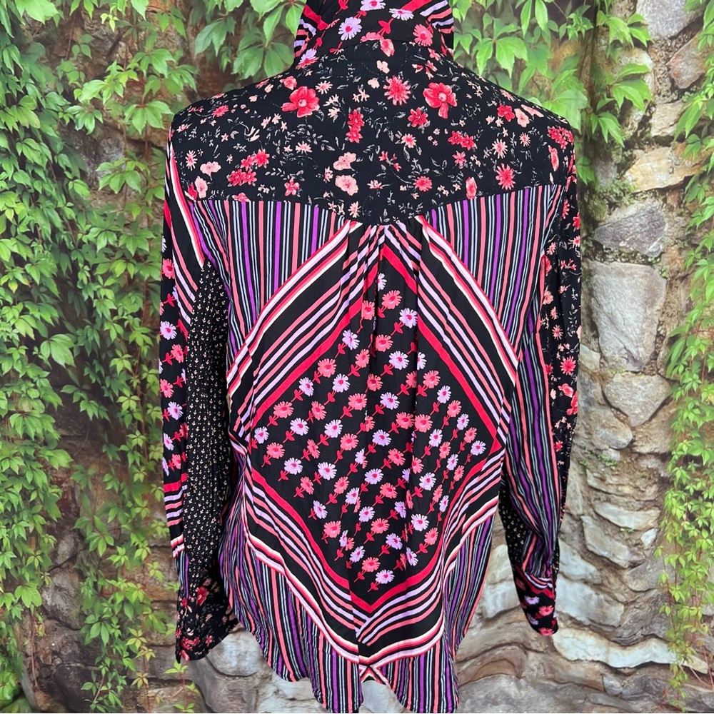 Free People Button-Front Patchwork Boho Blouse, M - image 8